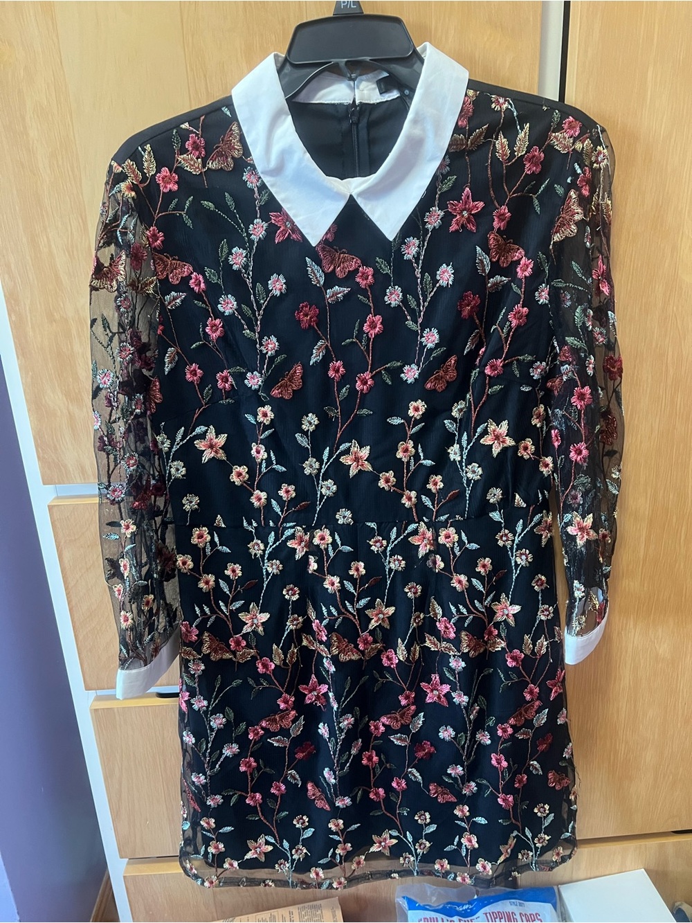 Black Floral Embroidered Dress with White Collar